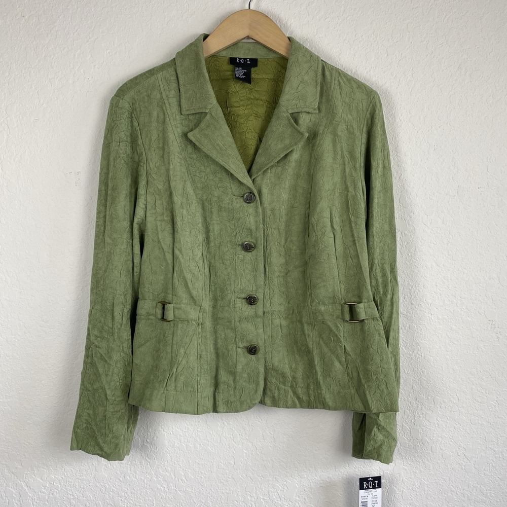 Vintage XL Blazer Jacket Green Crinkle Faux Suede Notch Whimsigoth Peasant Boho